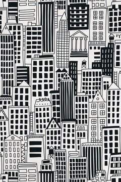 Black and white graphic illustration of a dense urban cityscape