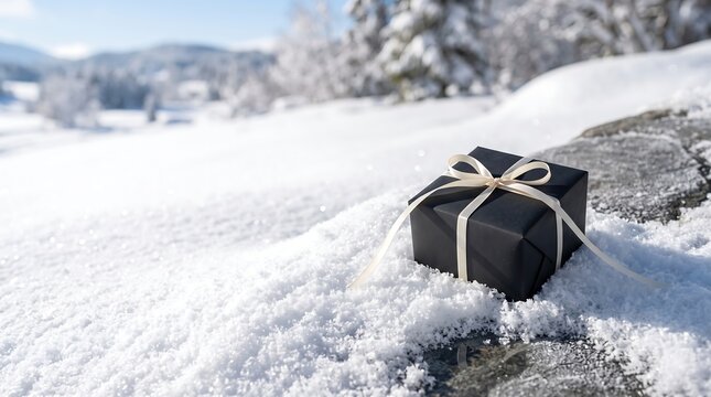 Black Gift Box Wrapped With Ribbon In Snowy Landscape