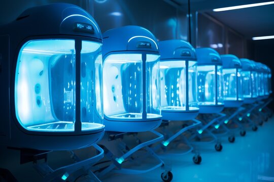 Row of advanced cryogenic pods with blue light in a sci fi medical bay