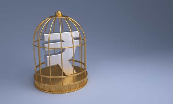 A silver Indian rupee symbol is trapped inside a golden birdcage