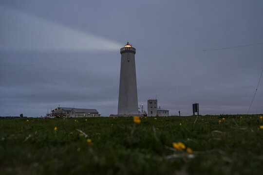 Iceland, Reykjanes, Lighthouse in the evening