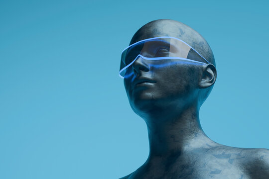 Futuristic metallic humanoid wears a glowing blue visor