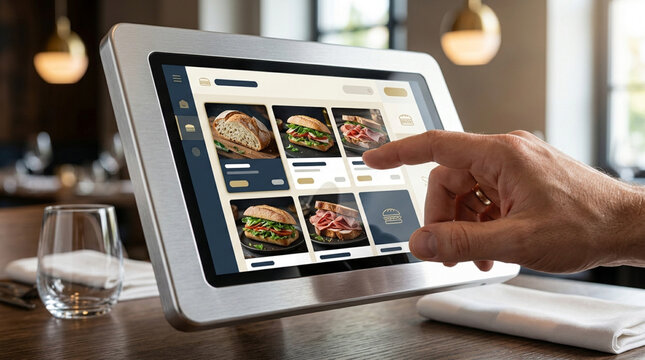 Hand browsing food menu on tablet screen in restaurant with blurred background.