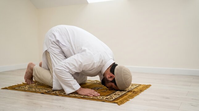 Muslim man performing sujood prostration prayer on prayer mat at home