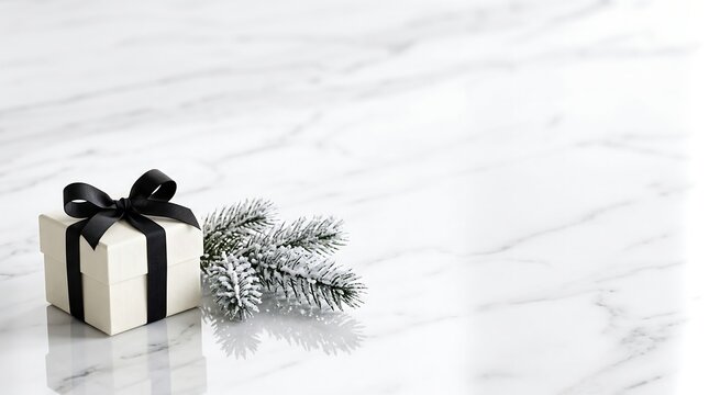 Elegant gift box with black ribbon and pine branch