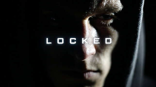 Mysterious hooded hacker staring intensely with glowing white locked text overlay in dark cinematic moody lighting