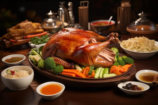 Roast turkey presented with fresh vegetables and various side dishes on a dark table