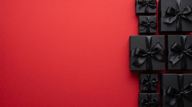 Black Gift Boxes Stacked Against Red Wall