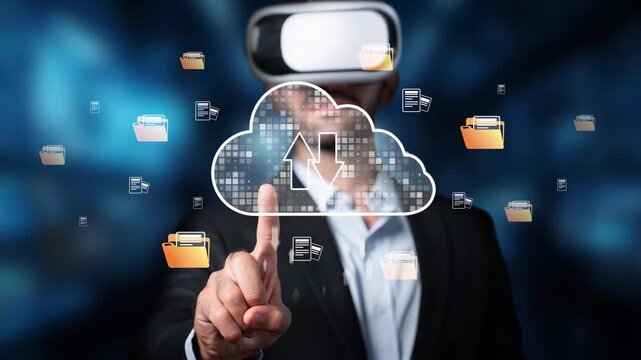 A businessman uses a virtual reality headset to interact with a digital cloud storage interface, showcasing advanced technology in a modern office setting. Raster