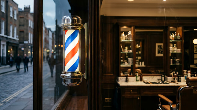 Classic Barber Shop Interior with Striped Pole.