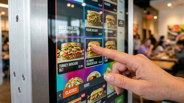 Hand touching modern touchscreen menu for ordering food in a restaurant.