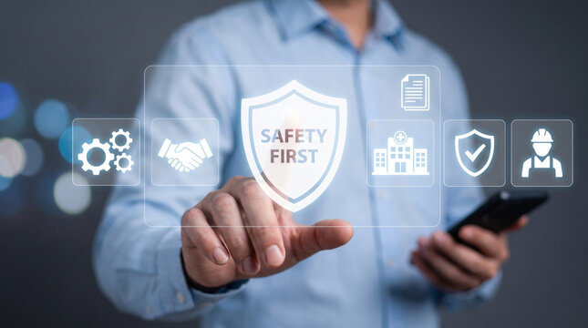 Compliance workplace health safety shield safety first touch screen smartphone. Risk management hazard prevention. emergency security protection, policy regulation inspecting