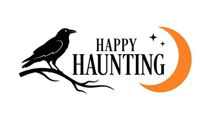 Fototapeta premium A festive halloween design featuring a black crow perched on a bare branch with an orange crescent moon and stars