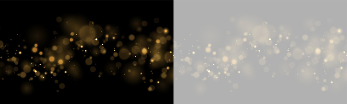Scattered golden bokeh lights creating a soft glowing effect on a black background on transparent background
