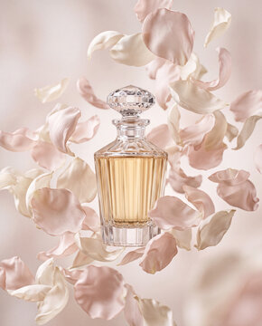 A crystal perfume bottle sits centered amidst swirling light pink rose petals against a soft pastel background, making this elegant composition ideal for luxury beauty or cosmetic advertising.