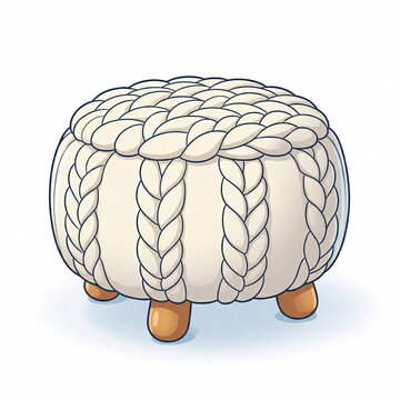 Pouf rond en grosse maille blanche avec pieds en bois en illustration