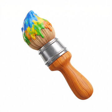 Pinceau couvert de peinture multicolore en illustration 3D