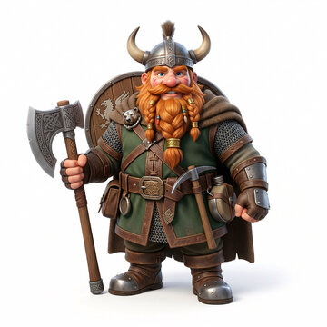 Guerrier viking barbu avec hache et bouclier en illustration 3D