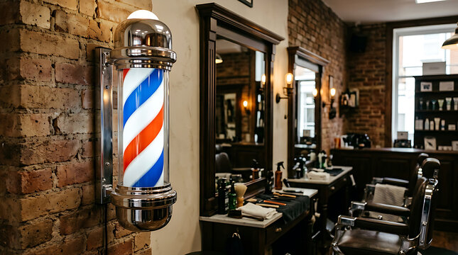 Classic Barbershop Pole in Rustic Interior Setting.