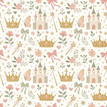 Delicate princess seamless pattern featuring golden crowns, magic wands, ribbons, and botanical floral elements for vintage nursery decor, kids fashion, and textiles