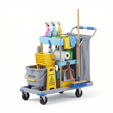 Chariot de m&eacute;nage professionnel avec produits de nettoyage