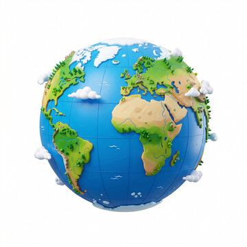 Plan&egrave;te Terre color&eacute;e avec continents et nuages en illustration 3D