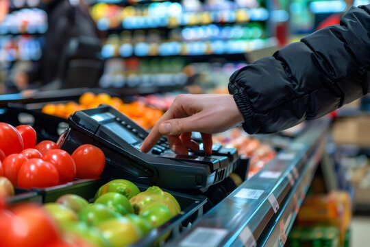 Customer weighing fresh produce using a scale in supermarket
