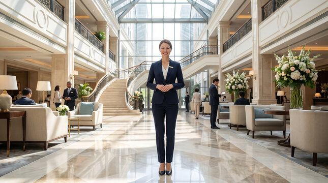 A confident hotel administrator stands gracefully in the center of a bright luxury lobby. She wears a stylish dark suit and greets everyone with a really pleasant smiles.