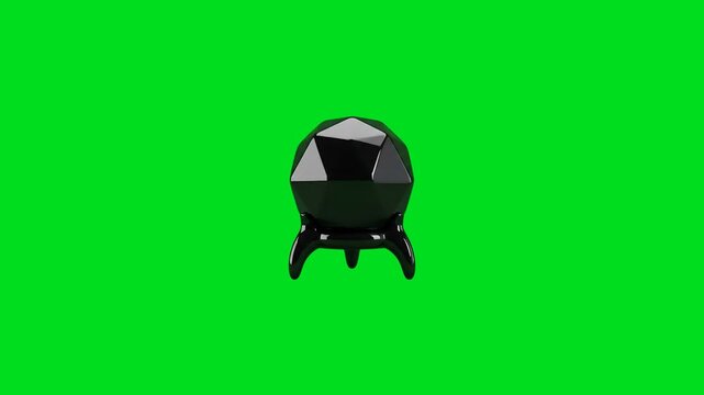 A glossy black geometric object resting on a tripod base against green