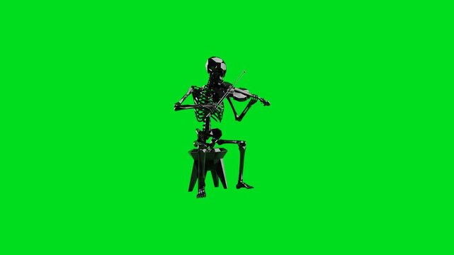A polished black skeleton sitting on a stool and playing a violin