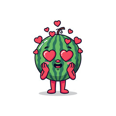 Cute Kawaii Watermelon Character with Heart Eyes and Love Hearts Illustration