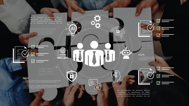 Collaborative Teamwork Concept Featuring Hands Holding Puzzle Pieces with Icons Representing Data, AI, and Project Management Elements Gluon.