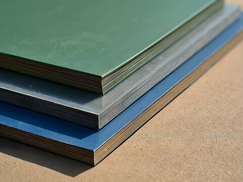 Three separate fire-resistant roof material samples with complete layered edges for climate technology, clean-energy transition and resilience campaign