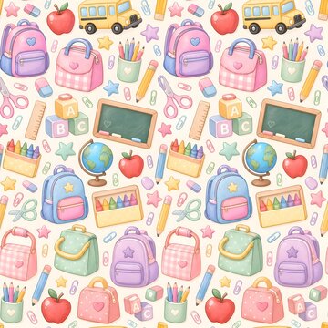 Colorful back to school seamless pattern with cute pink backpacks chalkboards globes colored pencils and stars for kids stationery school supplies and nursery wallpaper