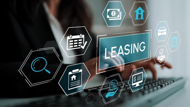 Professional woman engaging in digital leasing services with icons representing various aspects of finance, real estate, and contracts in a modern office environment. Entropy.