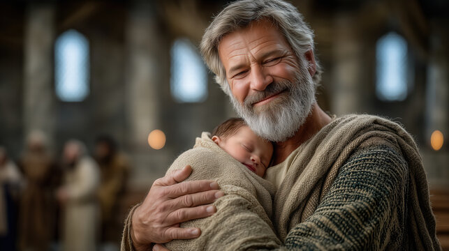 Simeon receiving the promise fulfilled as he holds infant Jesus in an ancient temple biblical scene