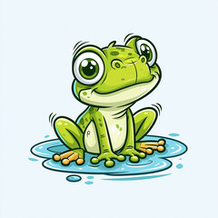 Naklejka premium Cute Cartoon Green Frog Character Sitting in Puddle of