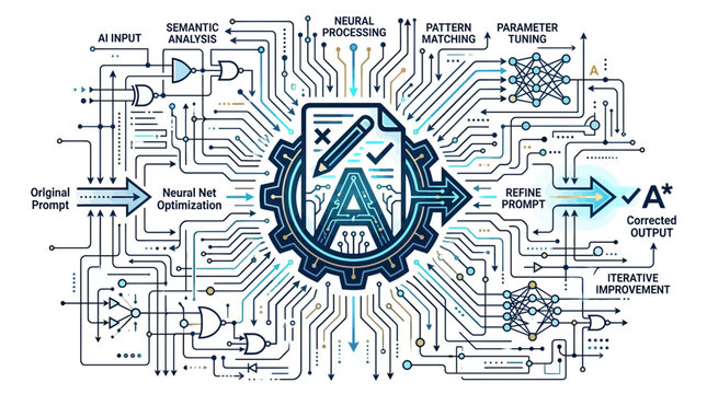 Artificial Intelligence Schematic Illustration Showing Iterative Processing and Neural Network Logic.