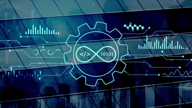 Futuristic Digital Interface Visualization with Gear Icon and Programming Code Representing Technology and Data Analytics in Modern Cityscape. Entropy.