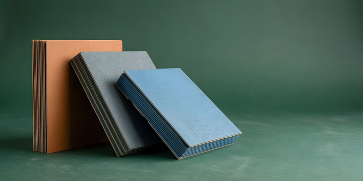 Three separate fire-resistant roof material samples with complete layered edges for climate technology, clean-energy transition and resilience campaign
