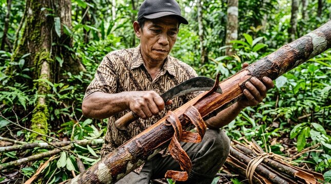 Man Cutting Bamboo in Lush Forest Setting With Machete