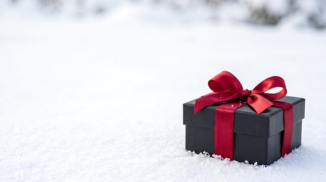 Black Gift Box With Red Bow In Snowy Landscape