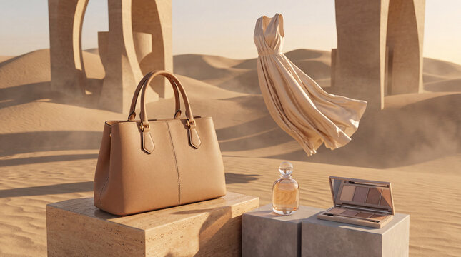 A leather handbag rests on a pedestal alongside a floating dress and perfume bottle in a sunlit desert landscape providing an elegant aesthetic for fashion retail projects and lifestyle banners.