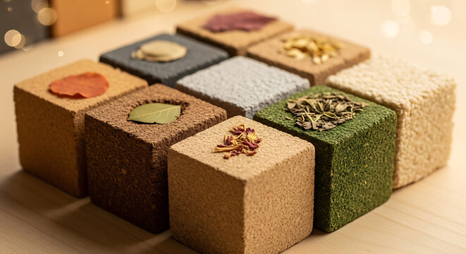 Colorful wooden blocks with herbs and spices