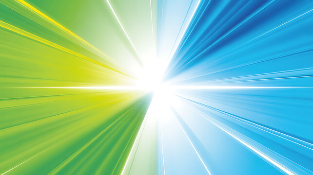 Dynamic radial burst of green and blue light streaks emanating from center abstract 