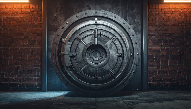 Massive steel bank vault door set in a dark brick wall under dramatic warm lighting
