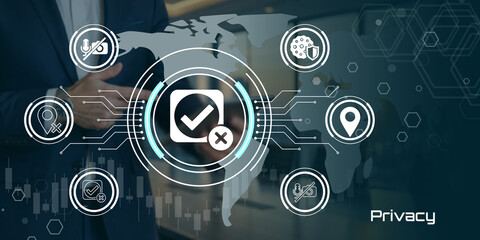 Fototapeta premium Cybersecurity compliance dashboard with global data protection icons and digital checkmark technology
