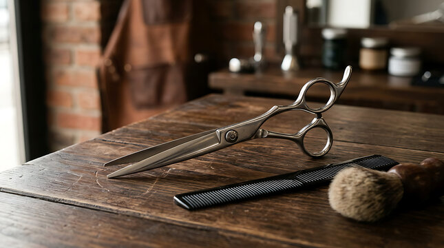 Vintage barber scissors and comb on wooden table.