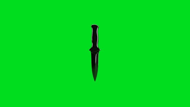 A sleek black tactical combat dagger centered against a bright green screen