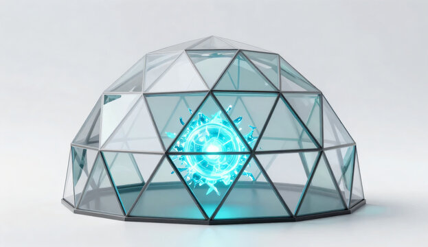 Cyber security dome node: faceted glass geodesic shield protecting glowing electric cyan core